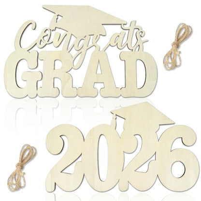 2Pcs Class of 2026 Wood Signs Graduation Decorations 2026 Wooden Sign Congrats Grad Photo Booth Props for Graduation Party Decoration Wood Cutout High College School Party Supplies