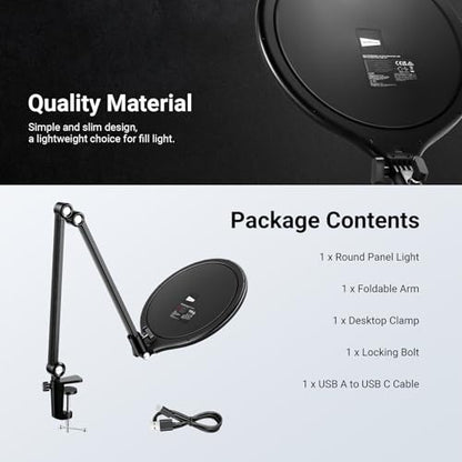 NEEWER Basics 10.5" Streaming Key Lighting, 3000-6500K 15W Full Screen LED Panel Ring Light with Adjustable Arm Stand Desk Clamp Timer for Laptop Computer Video Conference Zoom Makeup, R10