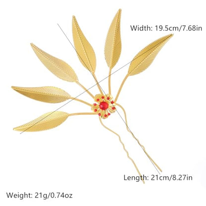 Lureme Thai Ethnic Hairpieces Alloy Leaf Hairpin with Rhinestones Hair Accessories for Women(hb000015-1) - color: gold with red strass