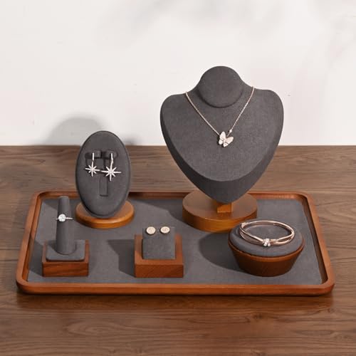 Oirlv Solid Wood Jewelry Tray Jewelry Display Holder Showcase Jewelry Display Organizer (Large, Grey) - color: Grey, size: 13.78"x 9.45"x 0.59"