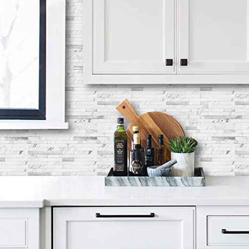 AULIGET Faux Stone Peel and Stick Backsplash, PVC Mixed Metal Wall Tiles Stick on Backsplash (2, White Marble Look) - color: Marble White + Metal Silver, size: 2 Sheets, 6"x12"x0.12"
