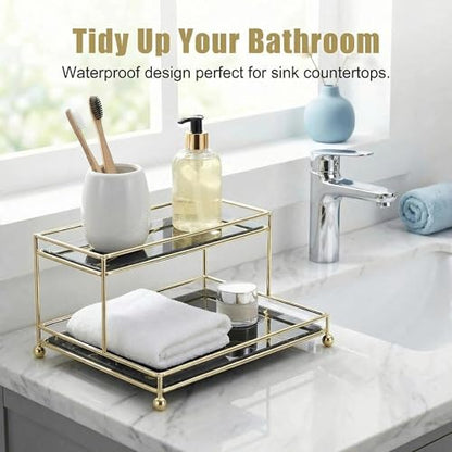 Makeup Organizer Shelf, 2-Tier Cosmetic Storage Basket with Glass Tray, Wire Vanity Organizer Rack for Bathroom, Countertop, Dresser and More, Medium Size