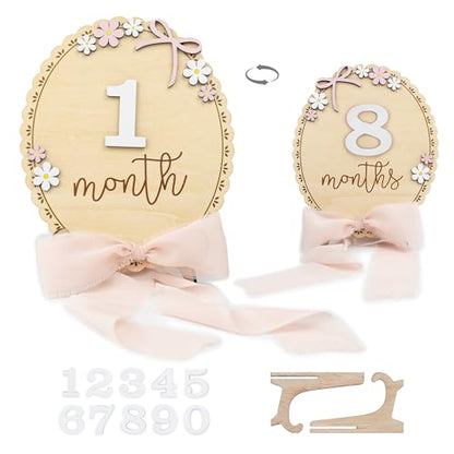 Baby Monthly Milestone Wooden Sign with Numbers, Natural Wood Milestone Board for Newborn Monthly Growth Photos, Cute 3D Flowers Photo Prop for Baby Milestone Memories (Pink Ribbon)