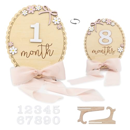 Baby Monthly Milestone Wooden Sign with Numbers, Natural Wood Milestone Board for Newborn Monthly Growth Photos, Cute 3D Flowers Photo Prop for Baby Milestone Memories (Pink Ribbon)