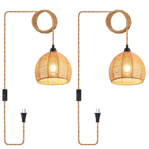 Plug in Pendant Light, Industrial Hanging Light with Plug in Cord Hemp Rope On/Off Switch Farmhouse Pendant Lamp with Plug in Cord, Vintage Hanging Lamps for Dining Room - color: Black
