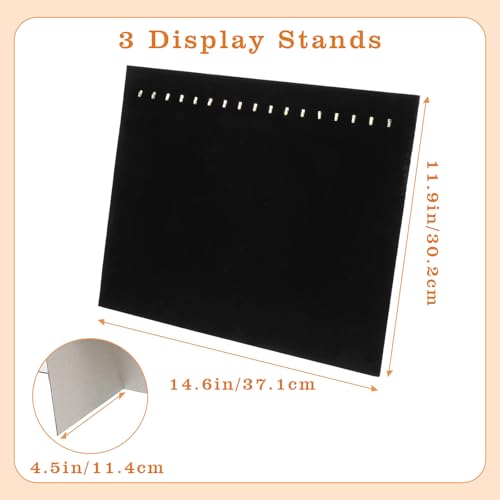 3 Pack Black Velvet Jewelry Display Stands – 17 Hook Necklace Organizer Boards for Boutique, Pop-Up Shops (15 x 12 x 4.5 Inches)