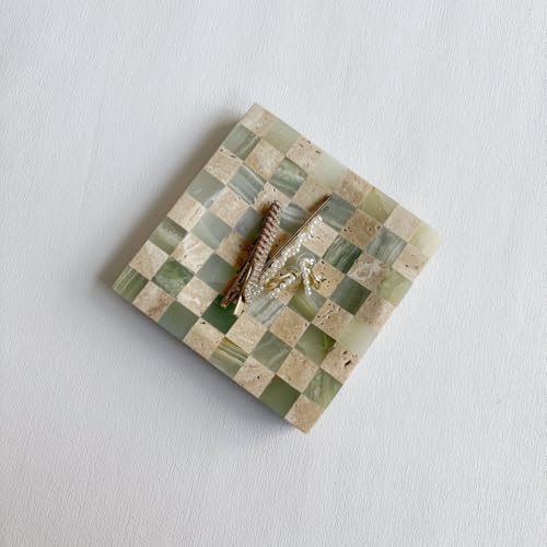 Marble Stone Green Onyx with Travertine Checkerboard Square Small Splicing Mosaic Tray Jewelry Dish (Green and Beige)