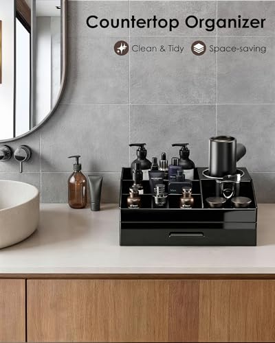 ProCase Cologne Organizer with Drawer, Acrylic Perfume Holder & Bathroom Countertop Organizer for Men & Women, Dresser Vanity Storage for Cologne, Perfume and Skincare -1 Layer, Cup - style: 1 Layer with Hair Dryer Holder