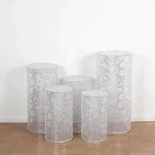 Efavormart Set of 5 Silver Sequin Mesh Cylinder Display Box Stand Covers with Leaf Vine Embroidery, Sparkly Sheer Tulle Pedestal Pillar Prop Covers - color: Silver, size: Sequin Mesh Cylinder Covers - Leaf Pattern