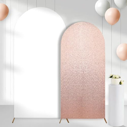 Set of 2 Arch Backdrop Covers Rose Gold and White(7.2Ft, 6Ft), 2-Sided Spandex Fitted Round Top Arch Backdrop Stand Covers for Baby Shower Wedding Birthday Party Supplies (Only Cover) - color: Rose Gold & White, size: 7.2FT/6FT