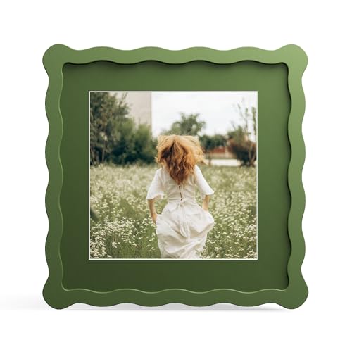8x8 Picture Frame with Mat for 6x6, Wavy Edge Wooden Real Glass Photo Frame for Tabletop and Wall Hanging, Green, 1 Pack - color: Green, size: 8x8 in