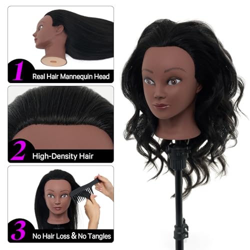 18" Mannequin Head Human Hair with Stand - 100% Real Human Hair Mannequin Head for Braiding, Cosmetology Manikin Doll Head for Hair Styling with Tripod Stand Table Clamp Hair Braiding Set,Black - color: Black&Tripod