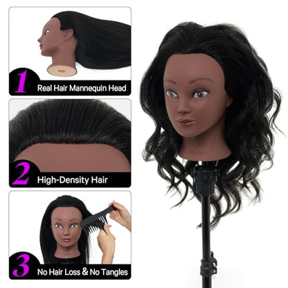 18" Mannequin Head Human Hair with Stand - 100% Real Human Hair Mannequin Head for Braiding, Cosmetology Manikin Doll Head for Hair Styling with Tripod Stand Table Clamp Hair Braiding Set,Black - color: Black&Tripod