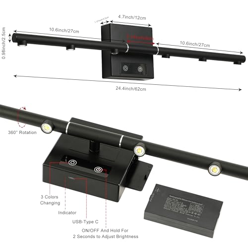 Picture Lights Rechargeable for Wall: Battery Operated Wall Sconces Wireless Art Lighting for Painting Canvas Gallery 360° Rotatable Detachable Battery Aluminum 48H (1, Black with Lens) - color: Black With Lens