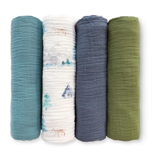 SwaddleDesigns Cotton Muslin Swaddle Blankets for Baby Boy & Baby Girl, Set of 4, Neutral Receiving Blankets for Newborn, Baby Registry & Gift, 46x46 inches, Watercolor Mountains & Trees - color: Watercolor Mountain & Trees