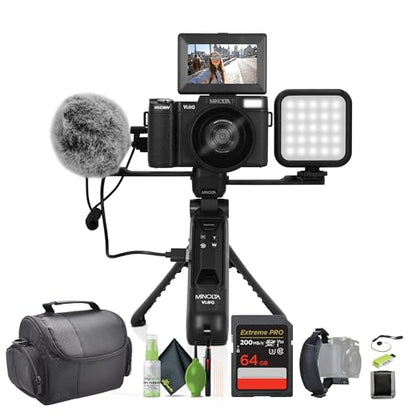 Minolta MND60V 64 MP Autofocus 4K Digital Vlogging Camera / 60FPS Ultra HD Vlogger & Content Creator's Kit (Black) Bundle with 64GB Memory Card + Vlog Tripod + More Accessories