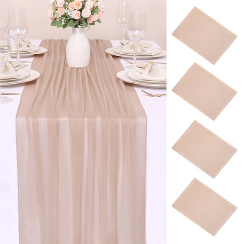 4 Pcs 10FT Champagne Chiffon Table Runners 30x120 Inches Sheer Tulle Boho Table Runner for Wedding Baby Bridal Shower Birthday Party Outdoor Decorations - color: Champagne, size: 10FT × 4pcs