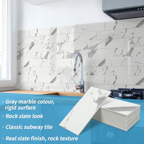 Art3d 102-Piece Faux Stone Peel and Stick Backsplash Tile, Waterproof Thick PVC Stick On Subway Wall Tile for Kitchen Bathroom Laundry Room Fireplace - 3" x 6" Gray Marble - color: Gray Marble