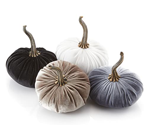 Set of 4 Small Velvet Pumpkins, Handmade Home Decor, Holiday Mantle Decor, Fall Halloween Thanksgiving Centerpiece, Rustic Fall Wedding Centerpiece Decor… (Black, Gray, Ivory, Taupe) - color: Black, Gray, Ivory, Taupe