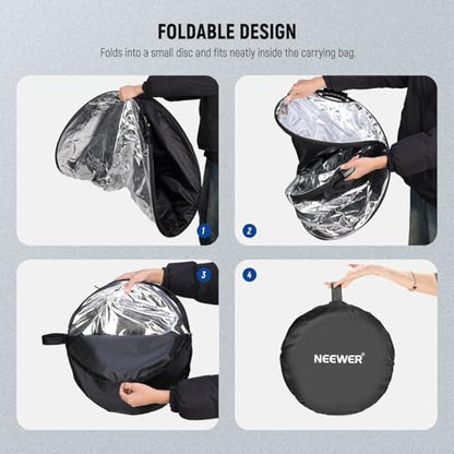 NEEWER 51"/130cm Light Reflector with Handle Grip & 3/8" Thread, 5 in 1 Foldable Disc Light Diffuser Translucent/Silver/Gold/White/Black for Photography Lighting, Outdoor Lighting, RF-130II - style: 130cm
