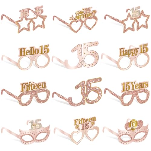 24PCS 15th Birthday Paper Eyeglasses Decorations for Girls Women, Pink Rose Gold Sweet 15 Birthday Quinceanera Decoration Eyeglasses Party Supplies, Funny Fifteen Year Old Birthday Glasses Decor - style: Rose Gold 15th