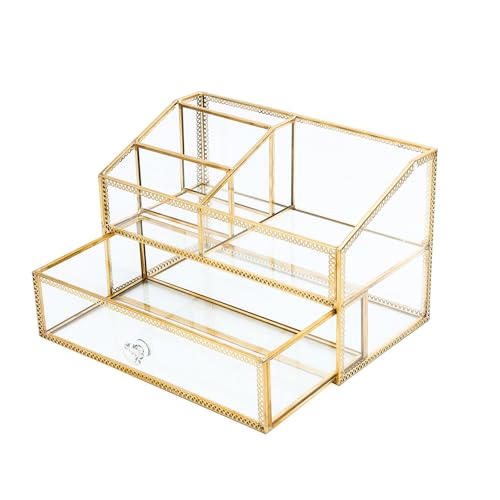 Vintage Gold Makeup Organizer - Glass Makeup Organizer Countertop Organizer for Make-Up Brushes Vanity, Tabletop Organizer Display Case for Bathroom, Vanity, Drawers GJB002 - color: Gold-Drawer, size: Large