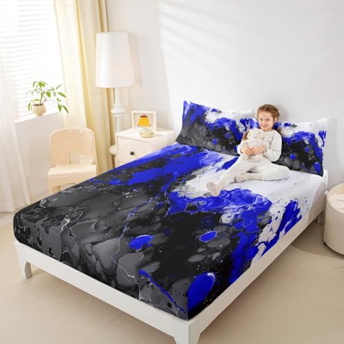 Abstract Art Fitted Sheet Blue Full Size Bed Sheets | Ombre Marble Texture Ink Fluid Art Gradient Black Marbling Bedding Set - color: Blue, size: Full