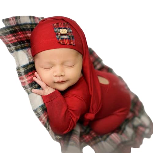 Christmas Newborn Baby Photo Shoot Props Outfits Crochet Clothes Santa Claus Red Hat Pants Photography Props - color: Dark Red