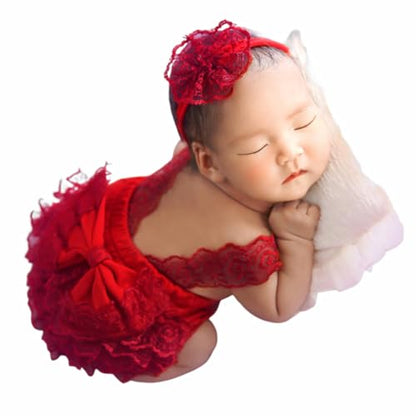 Ylsteed Newborn Photography Outfits - Girl Props Lace Romper Baby Photo Shoot Outfits Girls Photo Props (Strap Style - Red) - color: Red