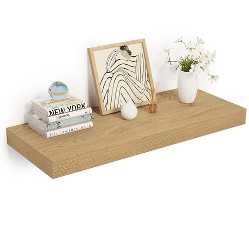 Heimlove 24 x 12 Inch Deep Floating Shelves Wall Mounted with Invisible Brackets,Storage Hanging Shelf for Wall Decor in Bathroom, Bedroom, Toilet, Kitchen, Living Room, Office Set of 1 (Oak) - color: Oak, size: 24"W x 12"D x 2"H, Set of 1