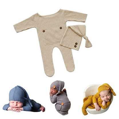 Coberllus Newborn Photography Props Outfit Fabric Sleepy Knot Hat & Footed Romper Bodysuit for Baby Boys Girls Photoshoot - color: Beige
