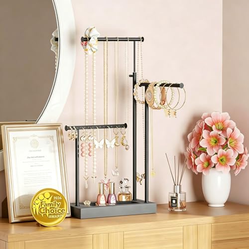 SRIWATANA Jewelry Organizer Display Extra Tall Necklace Holder 3 Tier Jewelry Tree Stand, Gift Idea (Weathered Grey & Black) - color: weathered grey