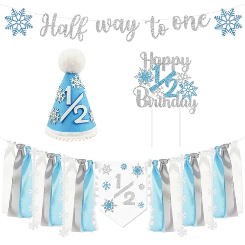 1/2 Birthday Snowflake Half Birthday Decorations - Snowflake It's My 1/2 Birth Banner Glitter Cake Topper Tassel High Chair Banner & Crown, Hat Halfway to One Boy Girl Party Supplies - color: White