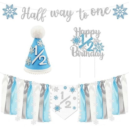 1/2 Birthday Snowflake Half Birthday Decorations - Snowflake It's My 1/2 Birth Banner Glitter Cake Topper Tassel High Chair Banner & Crown, Hat Halfway to One Boy Girl Party Supplies - color: White
