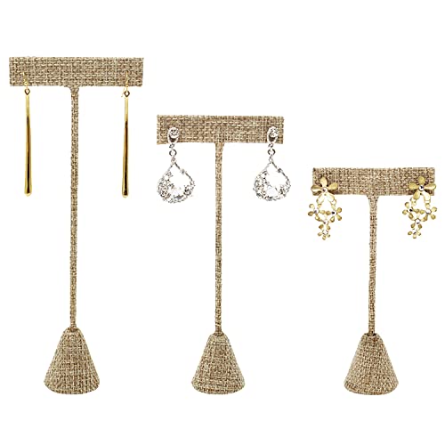 Ikee Design 6Pcs Set Linen Earring T Stand Display Set, Jewelry Display Stand for Showroom and Tradeshow Showcase, Burlap Linen, 4 1/2 H in; 5 3/4 H in; 6 3/4 H in - color: Burlap Linen, 3 Heights