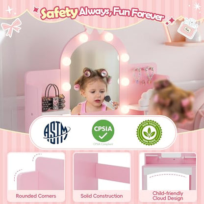 MU Kids Vanity with Lights, Princess Makeup Vanity Table and Chair Set for Girls, Toddler Vanity Desk with Open Bookshelf, Storage Cabinet & Shelves, Stools, Pink - color: Pink