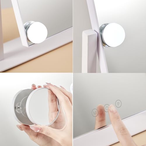 HIEEY Hollywood Vanity Mirror with 12 Dimmable Bulbs Lights, Three Color Lighting Modes, and 5X Magnification, Smart Touch Control, 360°Rotation (White,Gift Box) - style: 17.3" x 13.4" (12 Bulbs)