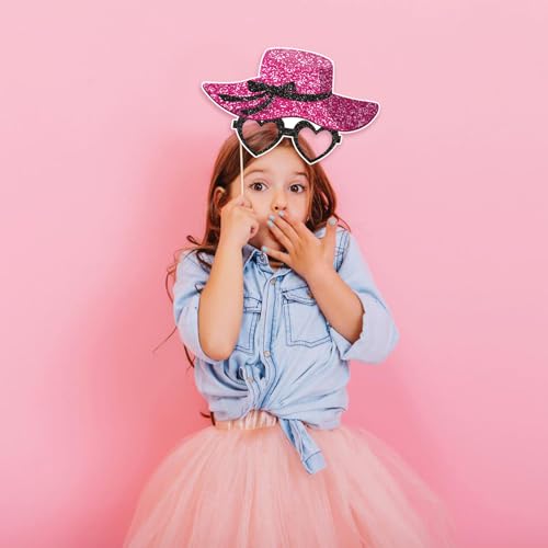 30 Pcs Pink Girls Birthday Photo Booth Props Kit - Hot Pink Princess Birthday Party Decoration Set with Real Glitter Cute Designs for Her, Funny Selfie Photo Booth Props for Kids Girls Any Bday Party