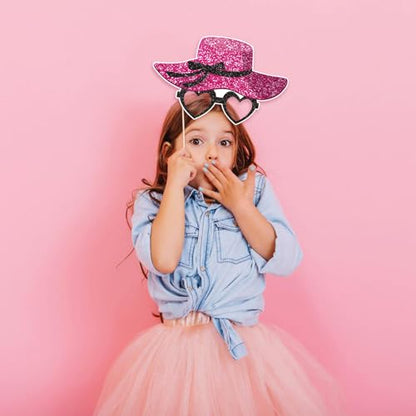 30 Pcs Pink Girls Birthday Photo Booth Props Kit - Hot Pink Princess Birthday Party Decoration Set with Real Glitter Cute Designs for Her, Funny Selfie Photo Booth Props for Kids Girls Any Bday Party