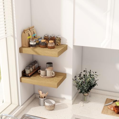 12 Inch Deep Floating Shelves, 16 x 12 Floating Shelf for Books, Rustic Wood Deep Wall Shelves for Home Storage & Display, 2" Thicked Shelves for Kitchen, Living Room, Bedroom, Oak Color, 2 Pack - color: Oak, size: 16"W x 12"D, 2 Pack