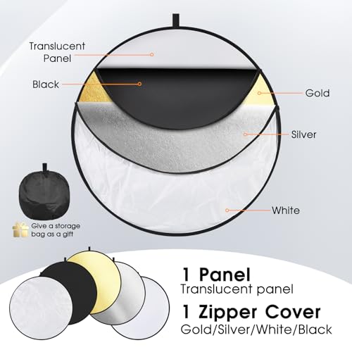 5-in-1 Light Reflector 43 Inch/110 cm Photography Diffuser Collapsible Portable with Bag，Gold Silver White Black Translucent for Studio and Outdoor Lighting (43'' (110cm)) - size: 43'' (110cm)