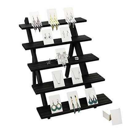 101pcs 5-Tier Wood Earring Display Stand, Retail Display Riser Earring, Ring Holder Stand, Removable Countertop Small Merchandise Display Stand with 100 Pcs Earring Card (Brown color) - color: Brown