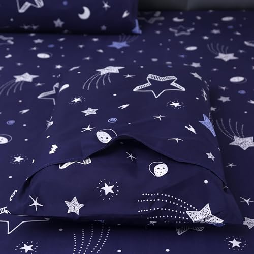 MAG 3pcs Purple Star Full Bed Sheet,Galaxy Microfiber Bedding Sheet Set,Space Bedding Set with1 Fitted and 2 Pillowcases,14 Inches Deep (Purple and White,Full) - color: Star, size: Full