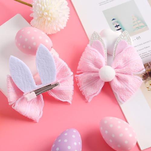 2PC Easter Bunny Ears Hair Bow Clips 4 Inch Rabbit Hair Accessories Spring Party Supplies Pink - color: Pink