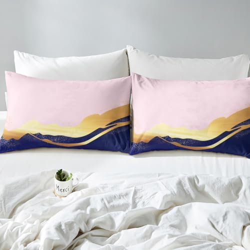 Feelyou Pink Navy Blue and Gold Bed Sheets Set Pink Gold Abstract Art Fitted Sheet Modern Marble Aesthetic Bedding Set for Boys Girls Abstract Art Bed Cover Full Size with 2 Pillow Case - color: Multi 16, size: Full