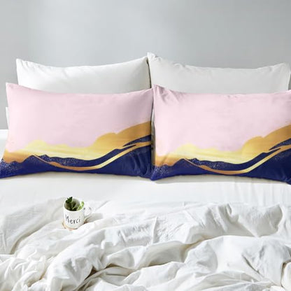 Feelyou Pink Navy Blue and Gold Bed Sheets Set Pink Gold Abstract Art Fitted Sheet Modern Marble Aesthetic Bedding Set for Boys Girls Abstract Art Bed Cover Full Size with 2 Pillow Case - color: Multi 16, size: Full