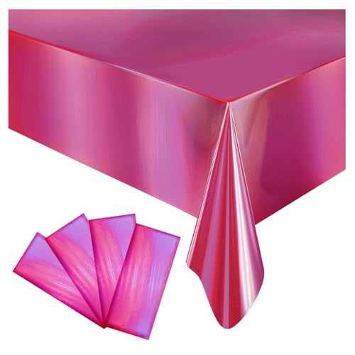 4 Pack Iridescent Plastic Tablecloths Disposable Table Cover Sparkly Foil Table Cloth for Rectangle Tables Party Decorations Birthday Princess Bridal Wedding Christmas Hot Pink, 54 x 108 Inch - color: Shiny Pink