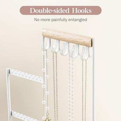 ProCase Jewelry Organizer Tower, 10 Hooks Jewelry Storage Rack Tree Holder Stand with Velvet Ring Display Tray for Necklaces Bracelets Earrings Rings Watches -White - color: White
