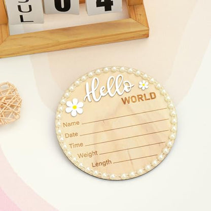 Wonhibo Pearl-Trimmed Newborn Announcement Sign - Baby Hospital Photo Prop Wooden Name Board Card for Birth Welcome Hello World - color: Pearl