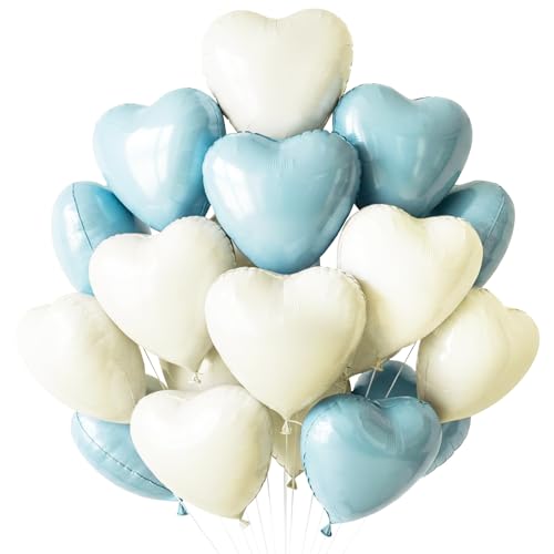 TONIFUL 30Pcs 18 Inch Light Blue Cream White Balloons Pastel Blue Heart Shape Foil Mylar Banners Decoration for Birthday Valentine's Day Wedding Bridal Shower Anniversary Engagement Party Supplies - color: Light Blue Cream White